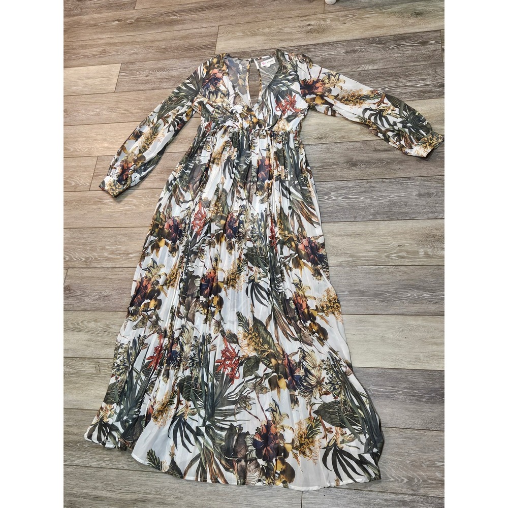 L'atiste by Amy Tropical Floral Pleated Maxi Dress Long Sleeve V-Neck Large